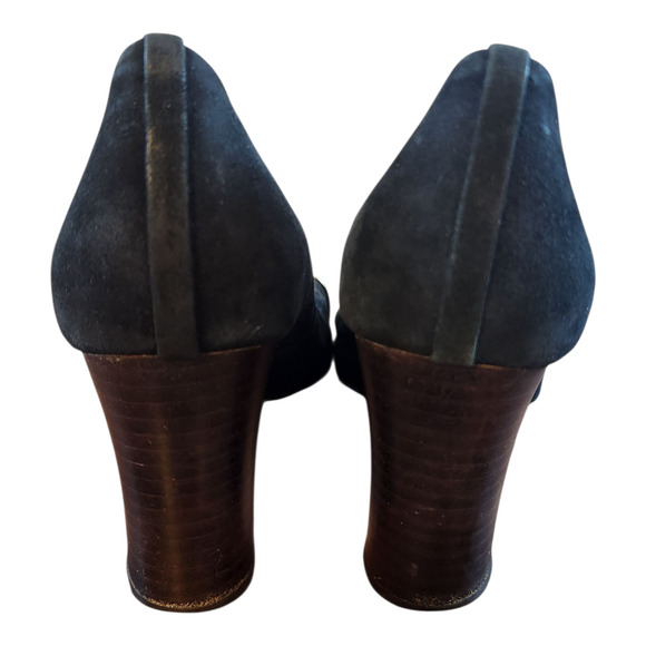 Tory Burch heels sz 8M Pacey black suede gold snake print cap leather pumps - Picture 4 of 14